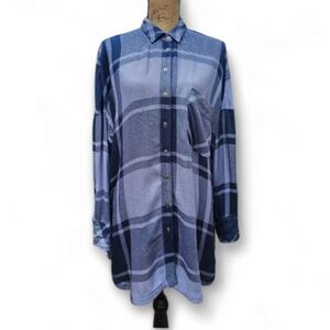 Free People Plaid Dark Blue Oversized  Tunic Shirt, Size S